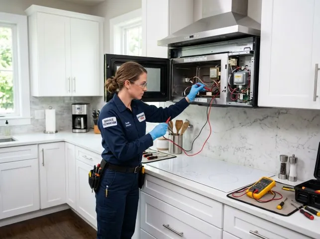 Appliance Repair Hero technician testing an over-the-range microwave in a Abbottstown, PA kitchen